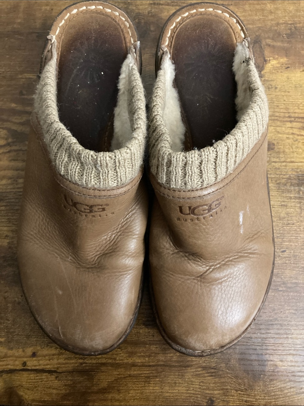 UGG Tan Leather Shearling-Lined Clog Mules